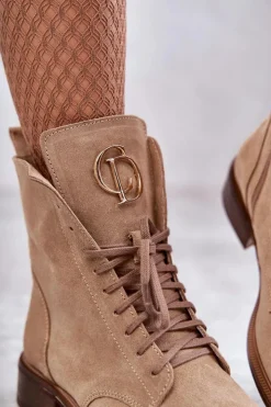 Clearance Boto Sznurowane Zamszowe Botki Z Ozdobą Nicole 2750 Beżowe