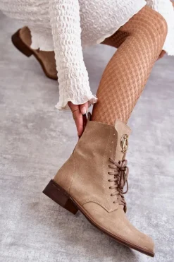 Clearance Boto Sznurowane Zamszowe Botki Z Ozdobą Nicole 2750 Beżowe