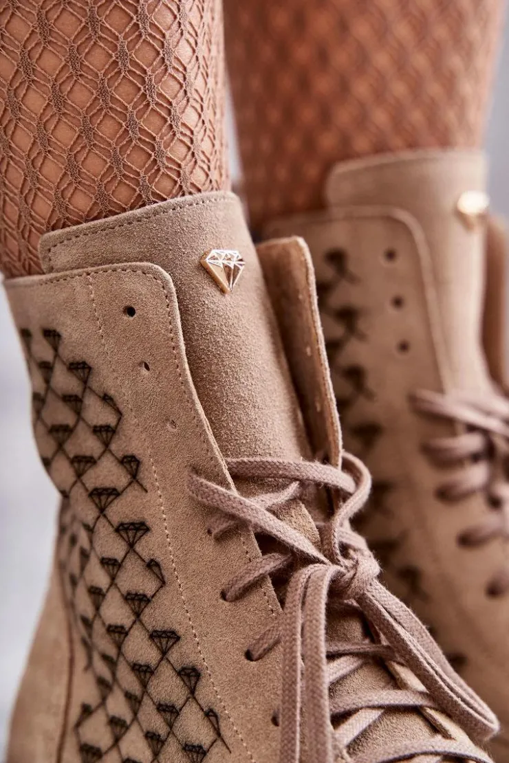 Boto Sznurowane Zamszowe Botki Nicole 2751 Beżowe