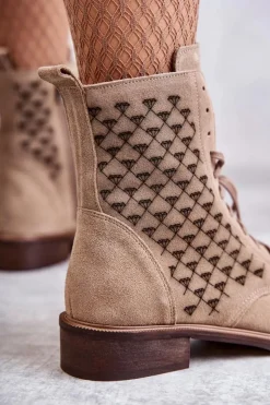 Boto Sznurowane Zamszowe Botki Nicole 2751 Beżowe