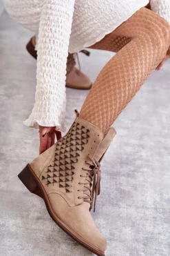 Boto Sznurowane Zamszowe Botki Nicole 2751 Beżowe