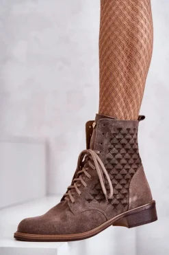 Damskie Boto Sznurowane Zamszowe Botki Nicole 2751 Brązowe