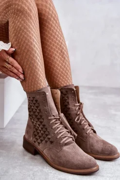 Damskie Boto Sznurowane Zamszowe Botki Nicole 2751 Brązowe