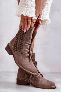 Damskie Boto Sznurowane Zamszowe Botki Nicole 2751 Brązowe