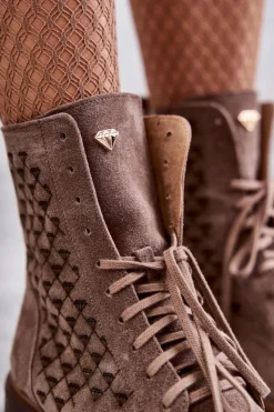 Damskie Boto Sznurowane Zamszowe Botki Nicole 2751 Brązowe