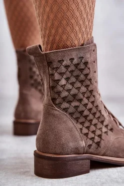 Damskie Boto Sznurowane Zamszowe Botki Nicole 2751 Brązowe