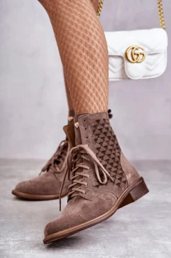 Damskie Boto Sznurowane Zamszowe Botki Nicole 2751 Brązowe