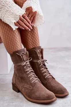 Boto Botki Wiosenne|Botki Skórzane*Sznurowane Zamszowe Botki Z Ozdobą Nicole 2750 Brązowe