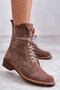 Boto Botki Wiosenne|Botki Skórzane*Sznurowane Zamszowe Botki Z Ozdobą Nicole 2750 Brązowe