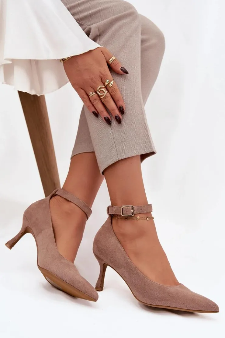 Boto Czółenka Klasyczne*Szpilki Czółenka Z Eko Zamszu Ciemnobeżowe Devoria Beżowy