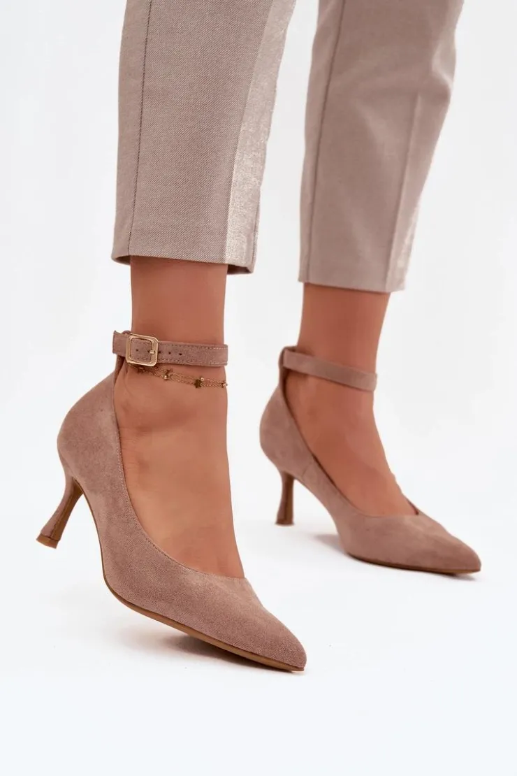 Boto Czółenka Klasyczne*Szpilki Czółenka Z Eko Zamszu Ciemnobeżowe Devoria Beżowy