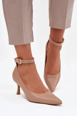 Damskie Boto Szpilki Czółenka Z Paskiem Ciemnobeżowe Perrine