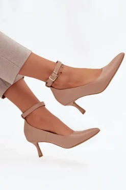 Damskie Boto Szpilki Czółenka Z Paskiem Ciemnobeżowe Perrine