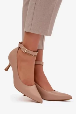 Damskie Boto Szpilki Czółenka Z Paskiem Ciemnobeżowe Perrine