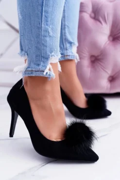 Boto Szpilki Zamszowe*Szpilki damskie Czarne Zamszowe Lu Boo Pompon