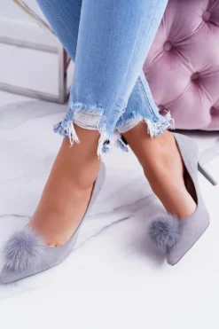 Damskie Boto Szpilki damskie Szare Zamszowe Lu Boo Pompon