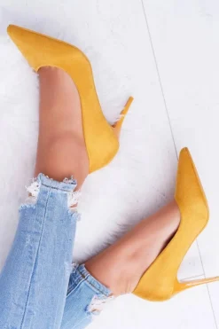 Damskie Boto Szpilki Damskie Zamszowe W Szpic Żółte Cream