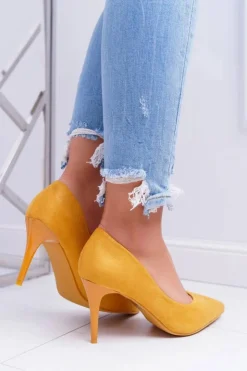 Damskie Boto Szpilki Damskie Zamszowe W Szpic Żółte Cream