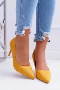 Damskie Boto Szpilki Damskie Zamszowe W Szpic Żółte Cream