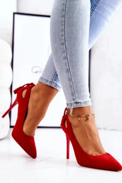 Damskie Boto Szpilki Damskie Zamszowe W Szpic Czerwone Leven