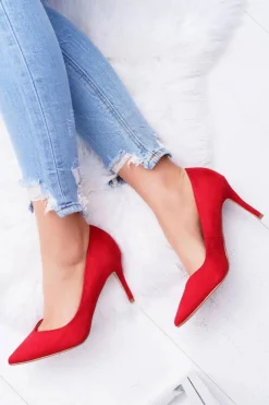 Damskie Boto Szpilki Damskie Zamszowe W Szpic Czerwone Cream