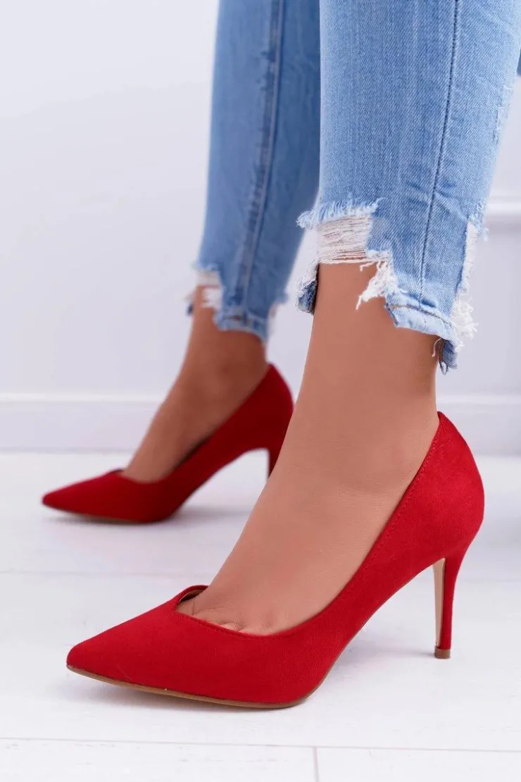 Damskie Boto Szpilki Damskie Zamszowe W Szpic Czerwone Cream