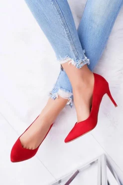 Damskie Boto Szpilki Damskie Zamszowe W Szpic Czerwone Cream