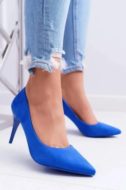 Damskie Boto Szpilki Damskie Zamszowe W Szpic Niebieskie Cream