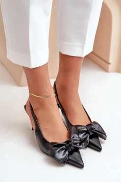 Boto Czółenka Klasyczne*Szpilki Z Kokardą Eko Skórzane Czarne Emirenna