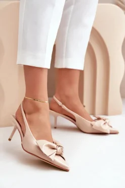 Damskie Boto Szpilki Z Kokardą Eko Skórzane Beżowe Emirenna