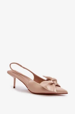 Damskie Boto Szpilki Z Kokardą Eko Skórzane Beżowe Emirenna