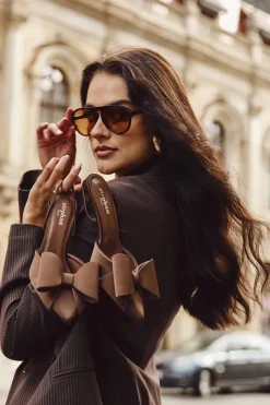 Damskie Boto Szpilki Z Odkrytymi Piętami I Kokardką Brązowe Eklevia