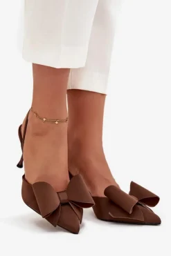 Damskie Boto Szpilki Z Odkrytymi Piętami I Kokardką Brązowe Eklevia