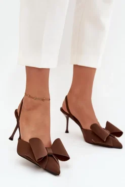 Damskie Boto Szpilki Z Odkrytymi Piętami I Kokardką Brązowe Eklevia
