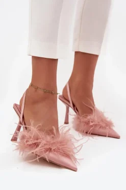 Damskie Boto Szpilki Z Piórami I Odkrytą Piętą Różowe Belice