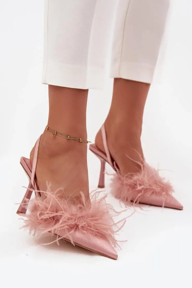 Damskie Boto Szpilki Z Piórami I Odkrytą Piętą Różowe Belice