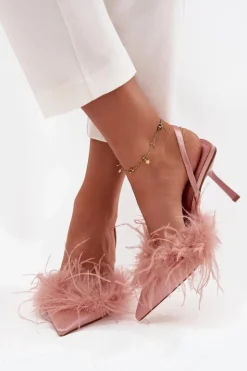 Damskie Boto Szpilki Z Piórami I Odkrytą Piętą Różowe Belice