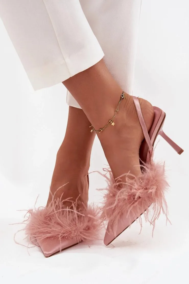 Damskie Boto Szpilki Z Piórami I Odkrytą Piętą Różowe Belice