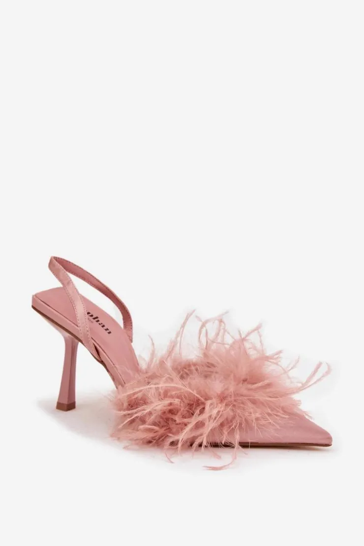 Damskie Boto Szpilki Z Piórami I Odkrytą Piętą Różowe Belice