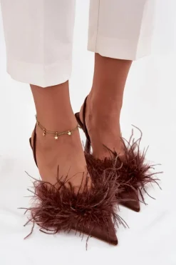 Boto Czółenka Klasyczne*Szpilki Z Piórami I Odkrytą Piętą Czekoladowe Belice Brązowy