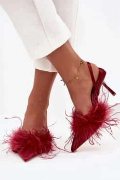 Hot Boto Szpilki Z Piórami I Odkrytą Piętą Bordowe Belice Czerwony