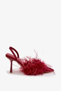 Hot Boto Szpilki Z Piórami I Odkrytą Piętą Bordowe Belice Czerwony
