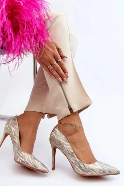 Damskie Boto Szpilki Zdobione Brokatem Złote Klonisa