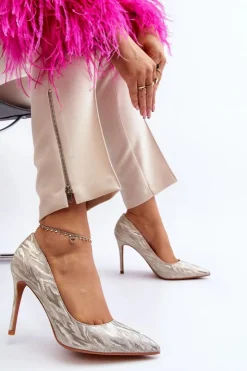 Damskie Boto Szpilki Zdobione Brokatem Złote Klonisa