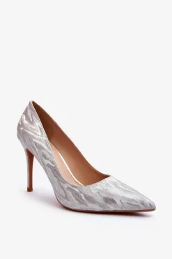 Boto Czółenka Klasyczne*Szpilki Zdobione Brokatem Srebrne Klonisa