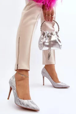 Boto Czółenka Klasyczne*Szpilki Zdobione Brokatem Srebrne Klonisa