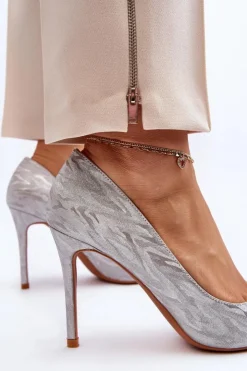 Boto Czółenka Klasyczne*Szpilki Zdobione Brokatem Srebrne Klonisa