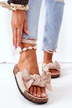 New Boto Sztruksowe Klapki Na Korku Beżowe Summertime