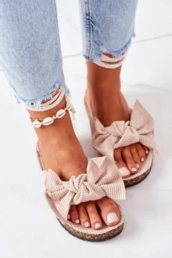 New Boto Sztruksowe Klapki Na Korku Beżowe Summertime