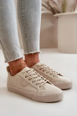 Big Star Shoes Trampki Damskie Big Star|Trampki Damskie Niskie*Sztruksowe Trampki Damskie Ocieplane Big Star OO274812 Hi-Poly System Beżowe